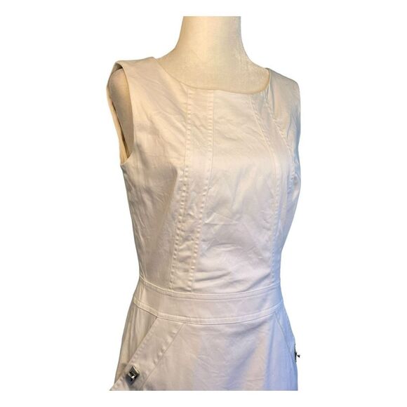 Calvin Klein Shift Dress White Cotton Twill Silver Accent Midi Sleeveless 4 - Picture 2 of 7